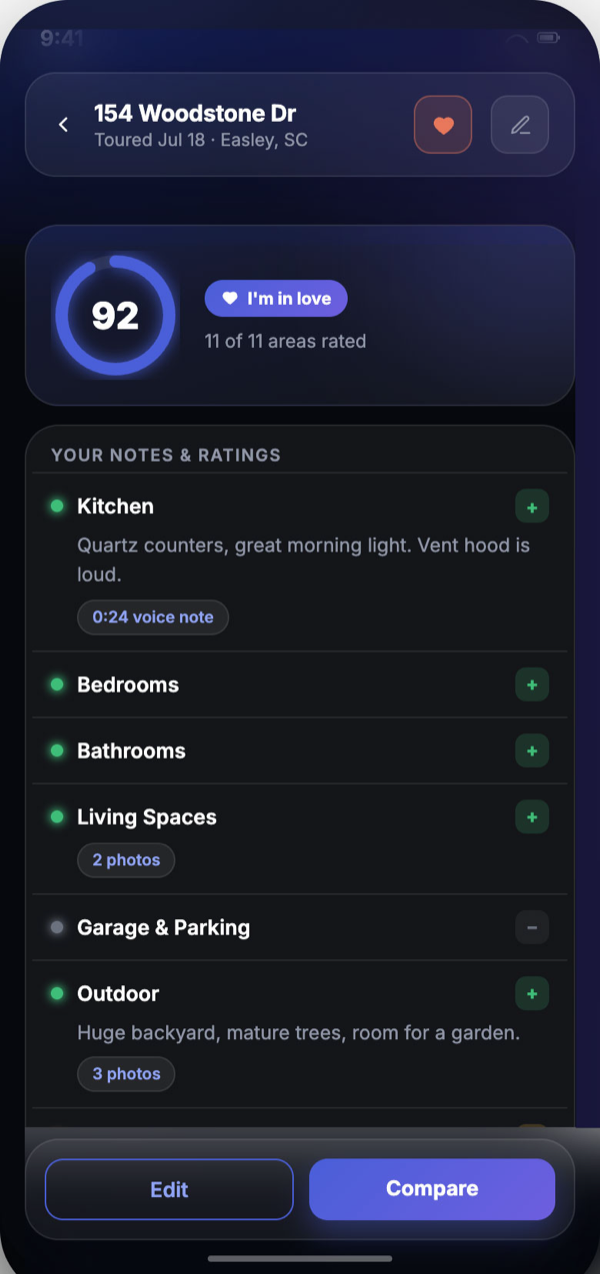 ShowingScore home detail showing a 92 score and rated areas for 154 Woodstone Dr (dark mode)